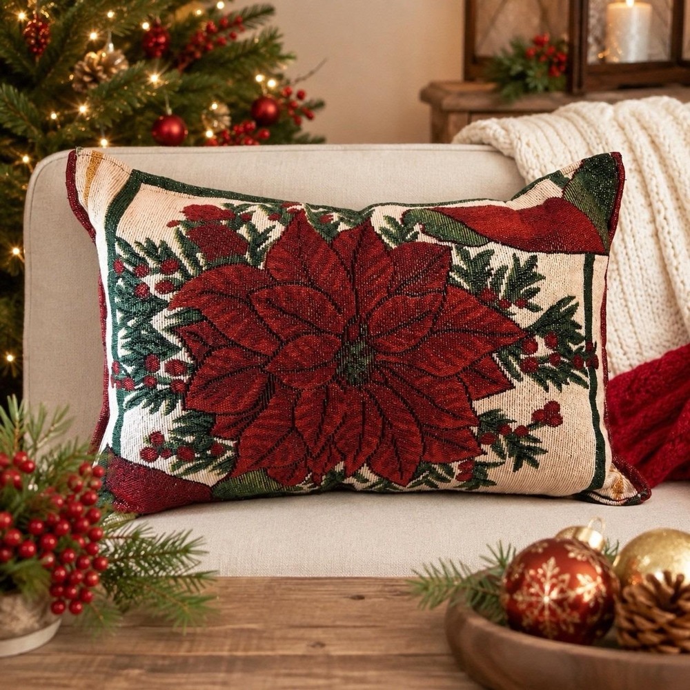 Christmas Poinsettia Tapestry Lumbar Throw Pillow Red Green Holiday Decor 18x12